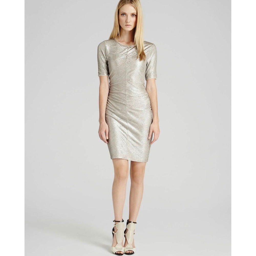 Reiss Abellia Metallic Silver Ruched Bodycon Dress Size 12